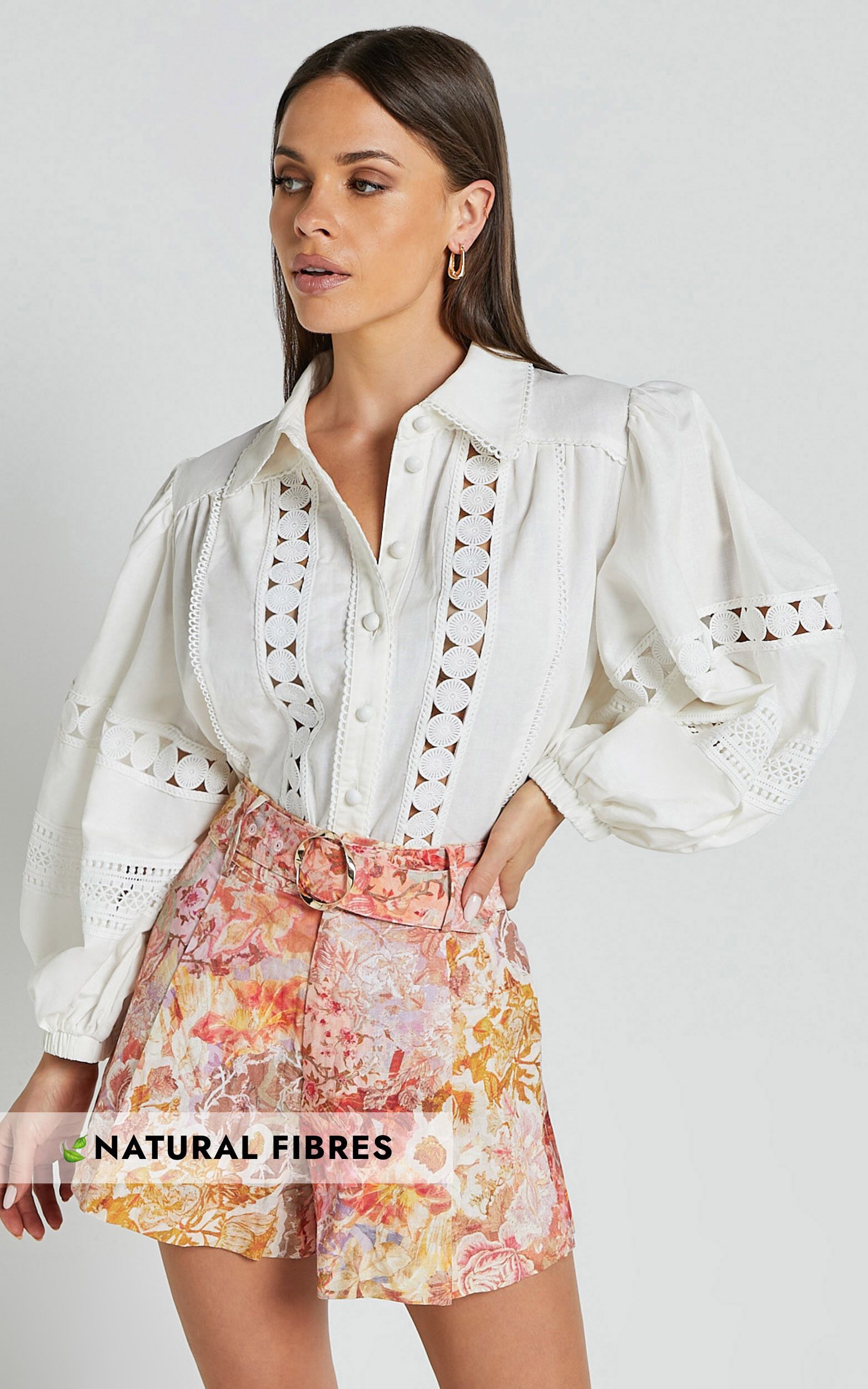 Amalie The Label - Julessa Linen Blend Puff Sleeve Lace Detail Blouse in White | Showpo (US, UK & Europe)