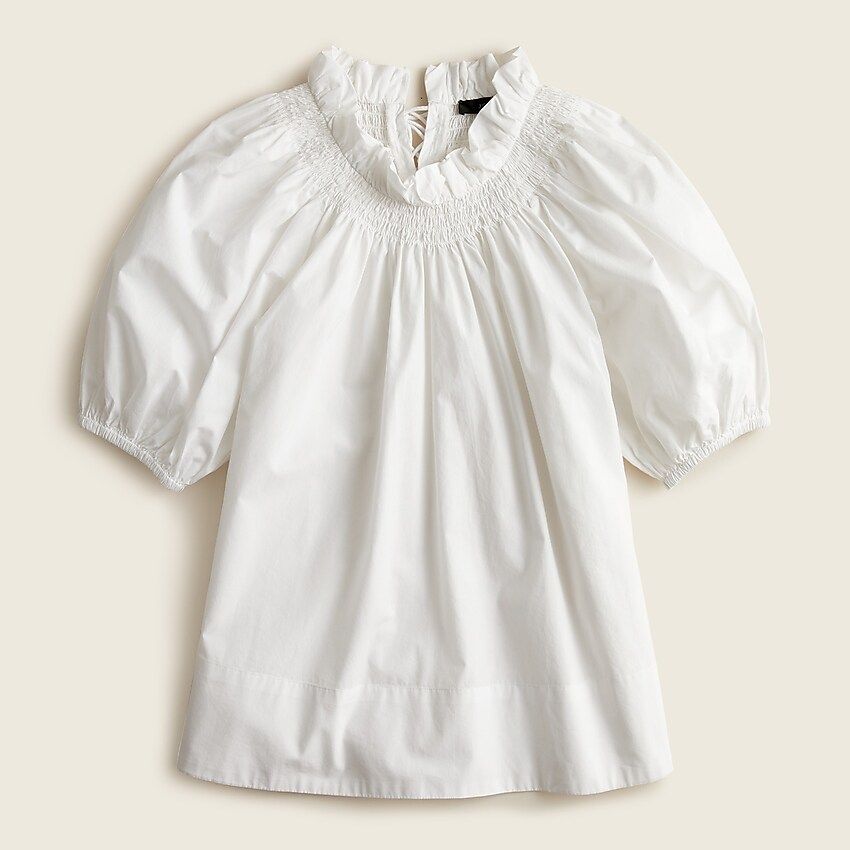 Smocked neck puff-sleeve cotton poplin top | J.Crew US