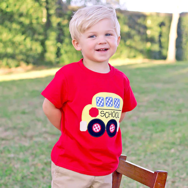 School Bus Applique Short Sleeve Shirt Red | Classic Whimsy