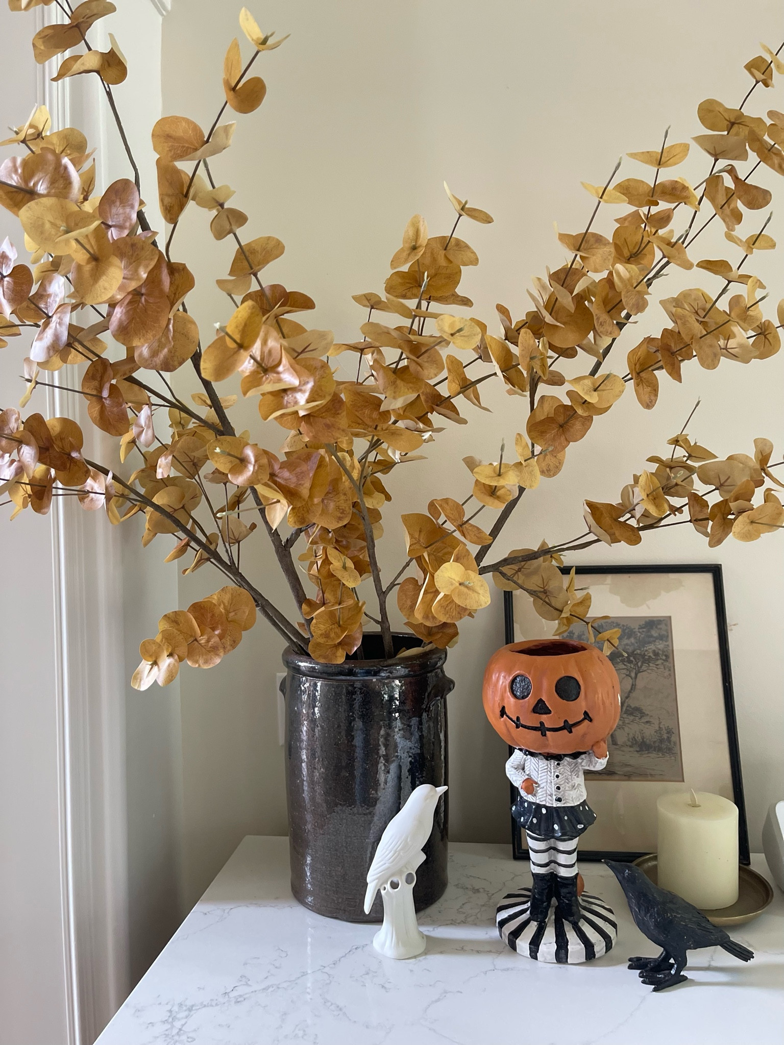 Loving these beautiful oversized faux Eucalyptus branches from Pottery Barn. These are great for the entire fall season! From Halloween to Thanksgiving. 

#LTKStyleTip #LTKHome #LTKSeasonal