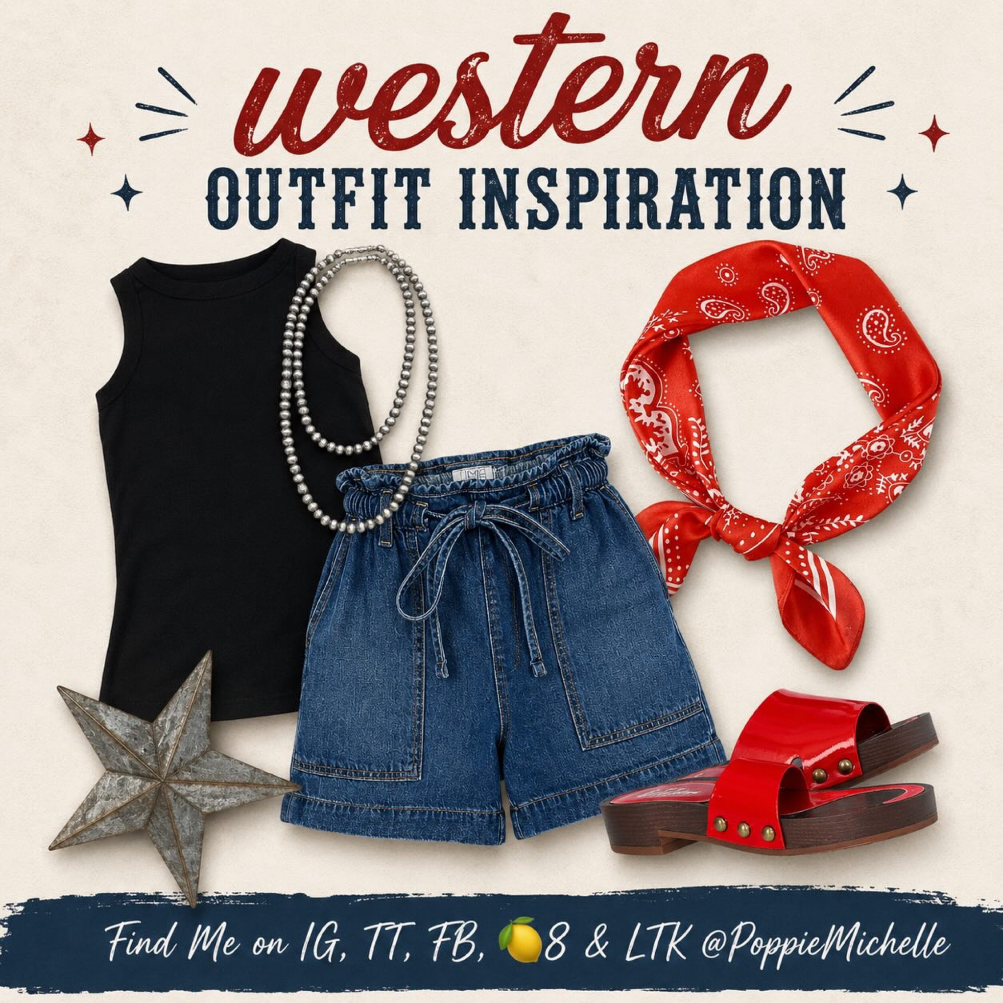 This will be my go to style for those hot days not spent behind my desk. 

Black high neck tank top. Dark wash paper bag waist drawstring shorts with patch pockets. Red bandanna & the cutest red bandanna print tote bag. 

Copy & paste this 🔗 to Sh0p https://www.shopltk.com/explore/PoppieMichelle?tab=posts