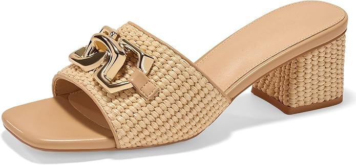 Women's Raffia Slide Sandals Square Open Toe Sandal Chunky Heeled Metal Chain Dressy Shoes | Amazon (US)