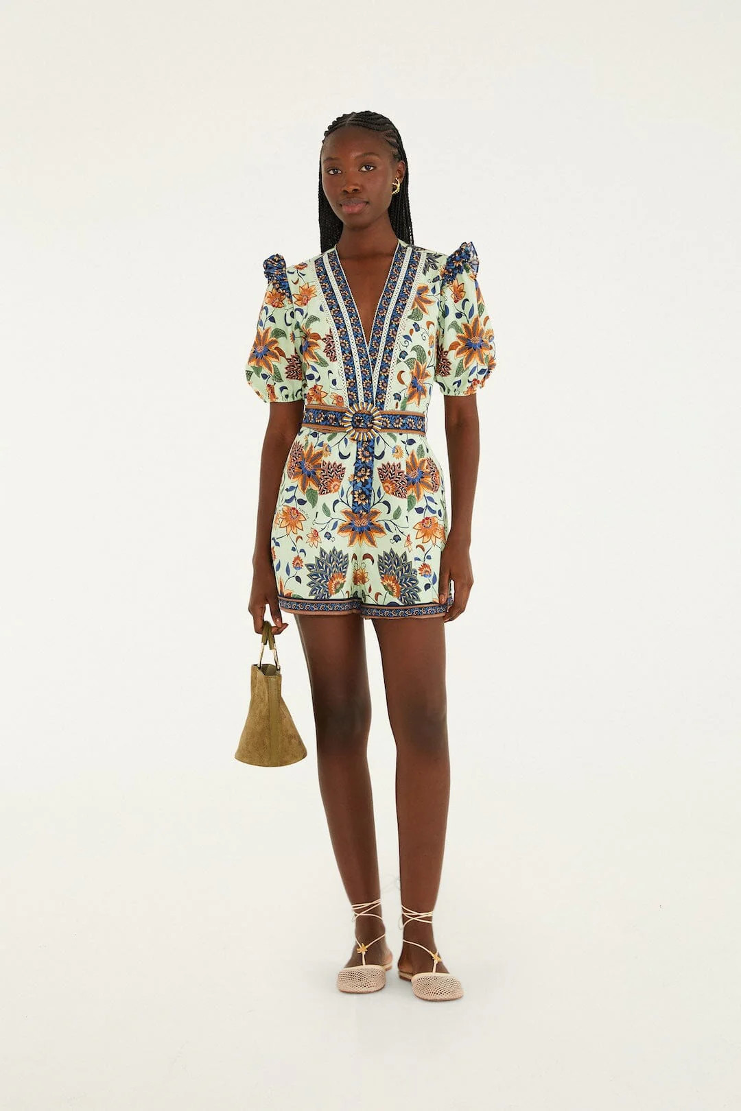 Light Green Floral Delhi Tapestry Belted Organic Cotton Romper, FLORAL DELHI TAPESTRY LIGHT GREEN / XXS | FarmRio (US)