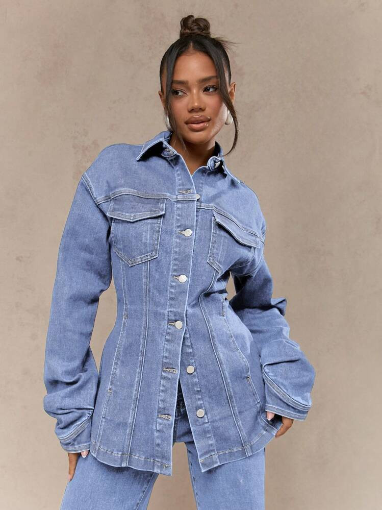 MISSGUIDED Long Line Oversized Trucker Jacket Distressed Elongated Denim Winter Fall Buttoned Fro... | SHEIN