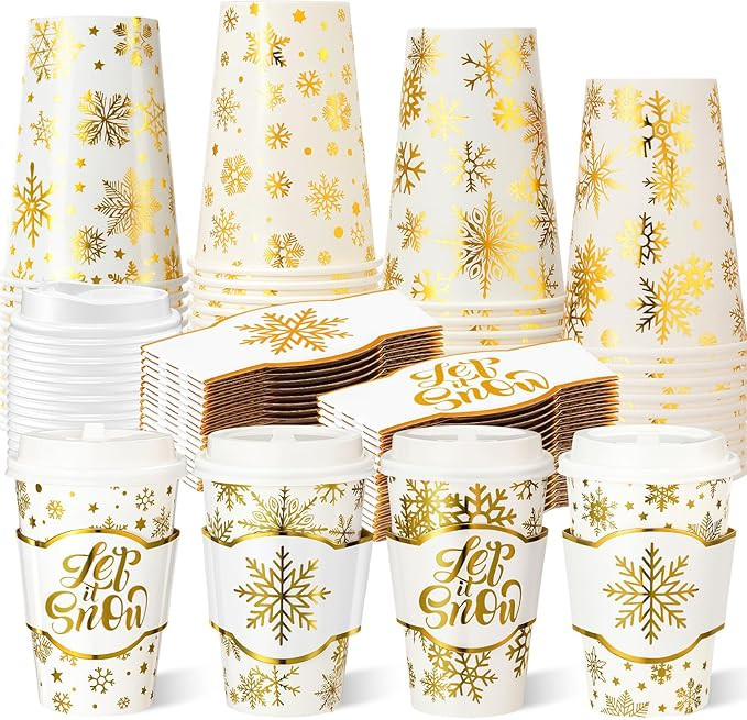 48 Sets 12 oz Christmas Disposable Paper Cups Gold Foil Winter Snowflake Coffee Cups with Lids an... | Amazon (US)