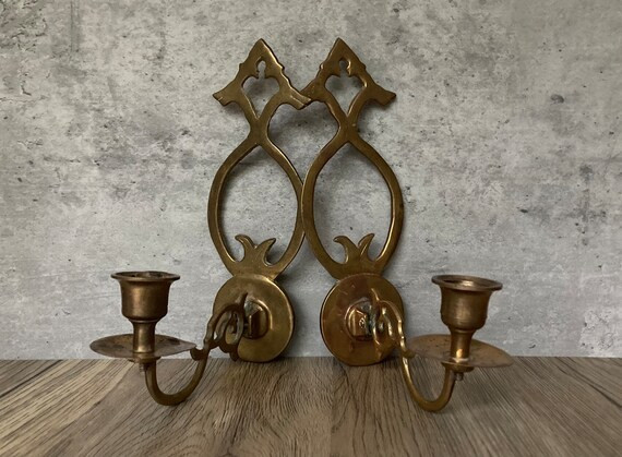 Pair of Vintage Brass Wall Mount Taper Candlestick Holders - Etsy | Etsy (US)