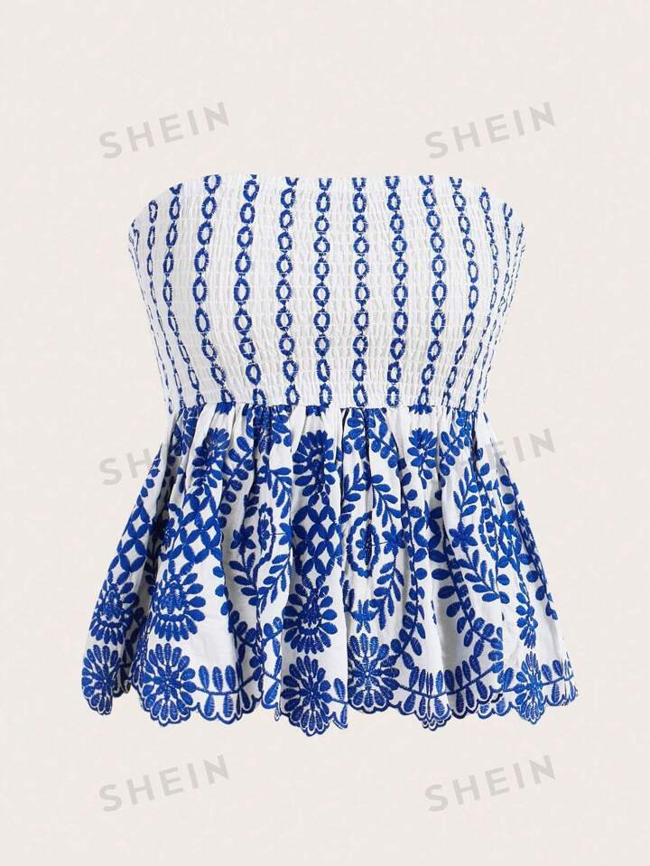 SHEIN MOD Embroidery Peplum Tube Top | SHEIN