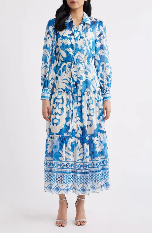 Julia Jordan Mixed Print Long Sleeve Tiered Shirtdress in Blue Multi at Nordstrom, Size 4 | Nordstrom
