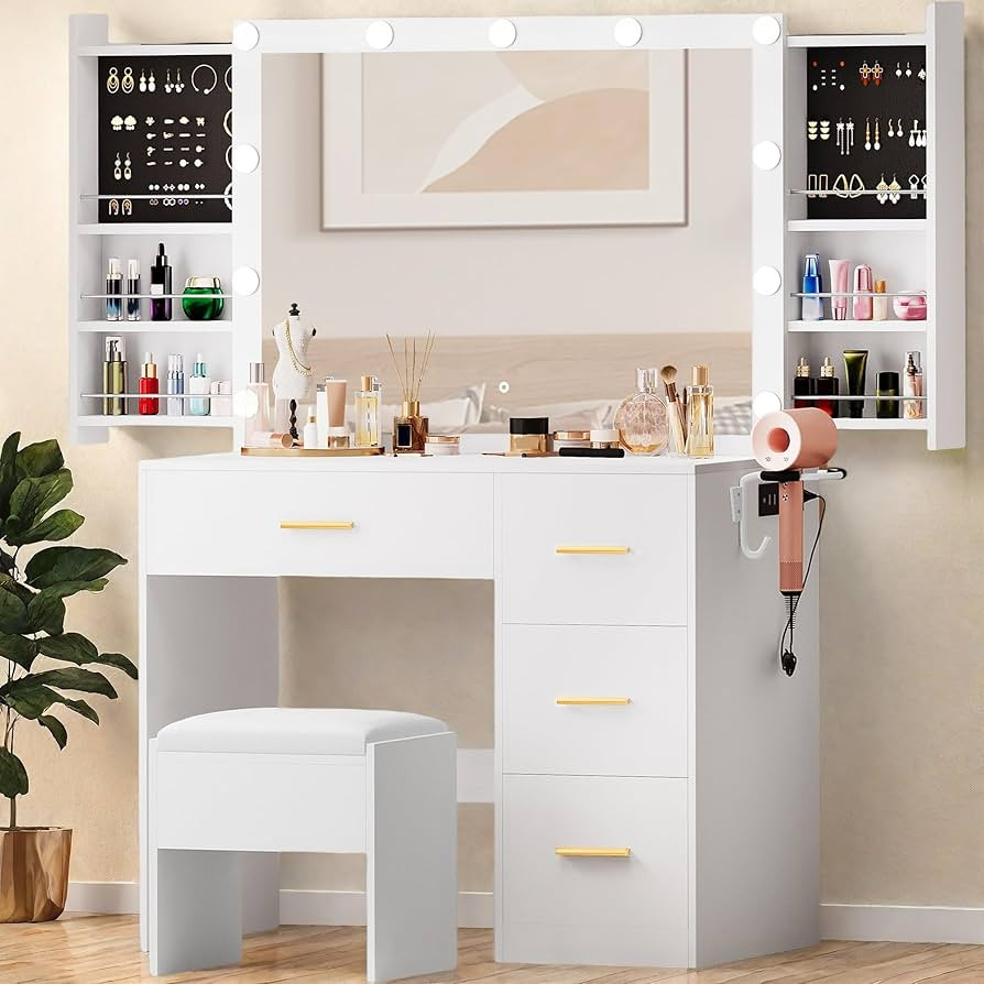 YITAHOME Makeup Vanity Table with Lighted Mirror, Cushioned Stool, 4 Storage Drawers & Hidden Jew... | Amazon (US)