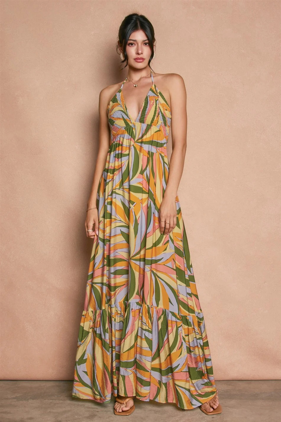 Multicolor Print Halter Cutout Tie Back Maxi Dress - Small | PinkBlush Maternity