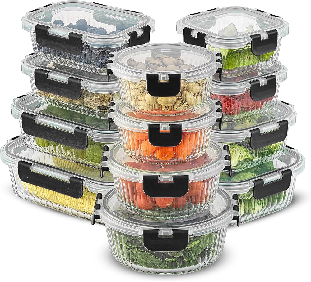 JoyJolt 24pc Fluted Glass Storage Containers with Lids. 12 Airtight, Freezer Safe Food Storage Co... | Amazon (US)