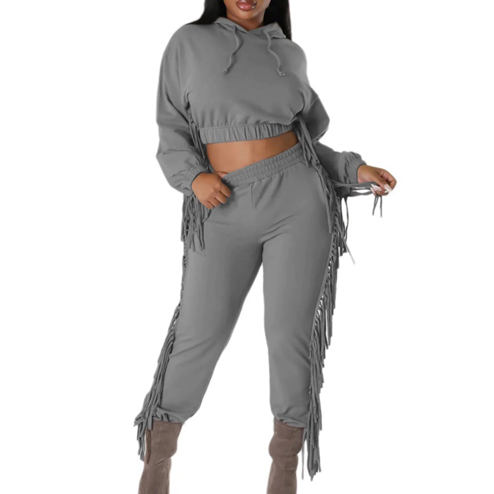 Women's Fall Clothes 2 Piece Sets Long Sleeve Cropped Tassel Hoodies with Fringed Jogger Pants Se... | Walmart (US)
