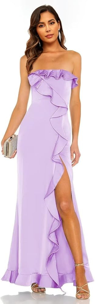 IIF Womens Satin Bridesmaid Dresses Strapless Tassel Ruffle Formal Wedding Guest Evening Party Ma... | Amazon (US)