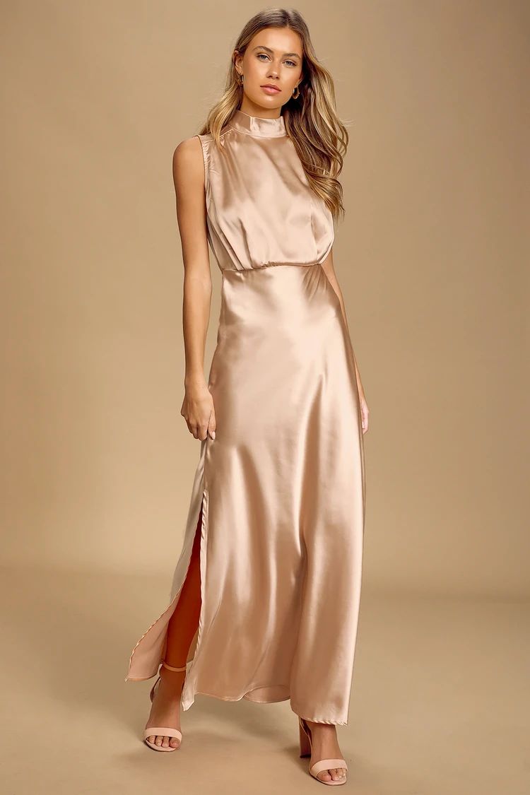 Classic Elegance Blush Satin Sleeveless Mock Neck Maxi Dress | Lulus (US)