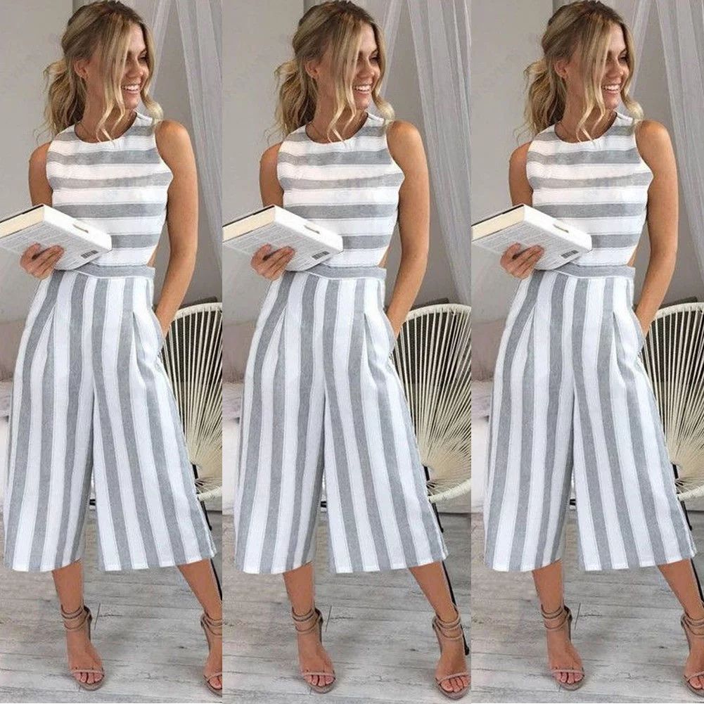 2018 Women's Summer Casual Sleeveless Stripe Jumpsuit Loose Trousers - Walmart.com | Walmart (US)