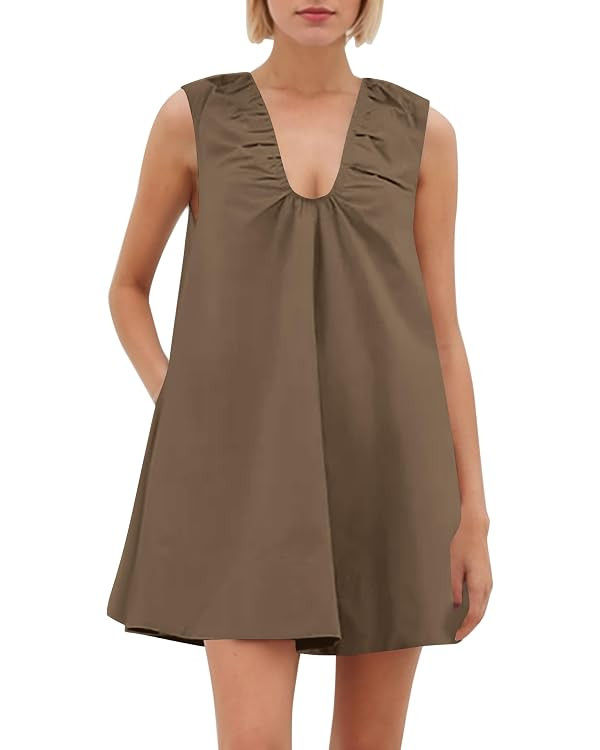 Women Summer Sleeveless Babydoll Mini Dress Scoop Neck Loose Fit Tank Dresses Party Ruched Short ... | Amazon (US)