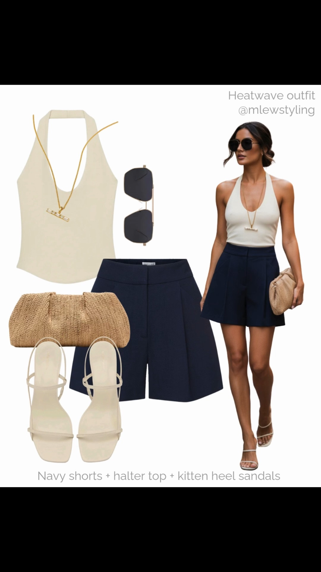 Staying chic in the heat ❤️‍🔥

Tags: heatwave summer outfit, navy blue shorts, halter top, aviator sunglasses, raffia clutch bag, reformation strappy sandals

#LTKsummer #LTKdatenight #LTKshoes