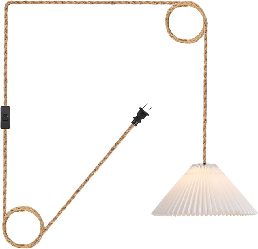 Plug in Pendant Light,Hanging Lights with Plug in Cord 15 ft Hemp Rope Cord On/Off Switch, White ... | Amazon (US)