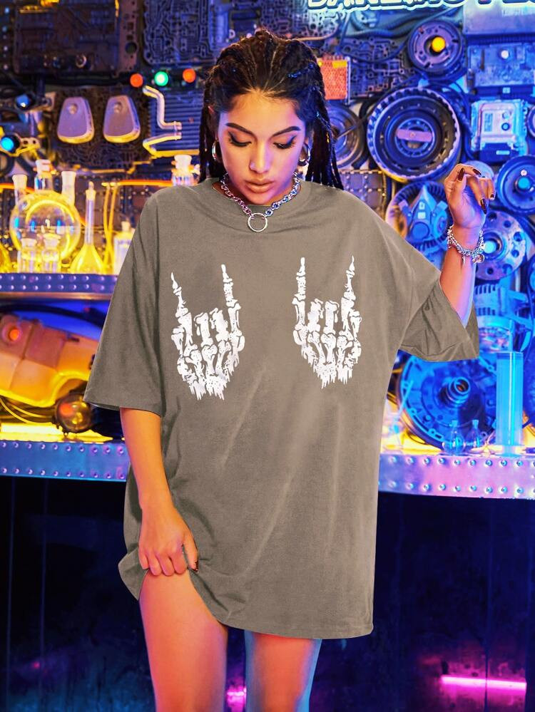 Skeleton Hand Print Oversized Tee | SHEIN