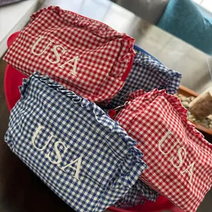 Custom Embroidered Name Gingham Makeup Bag: Ruffle Frill Plaid Cosmetic Pouch Personalized Travel... | Etsy (Global)