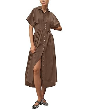 Yeokou Shirt Dress for Women Summer Casual Short Sleeve Button Down Loose Pleated Maxi Sundress w... | Amazon (US)