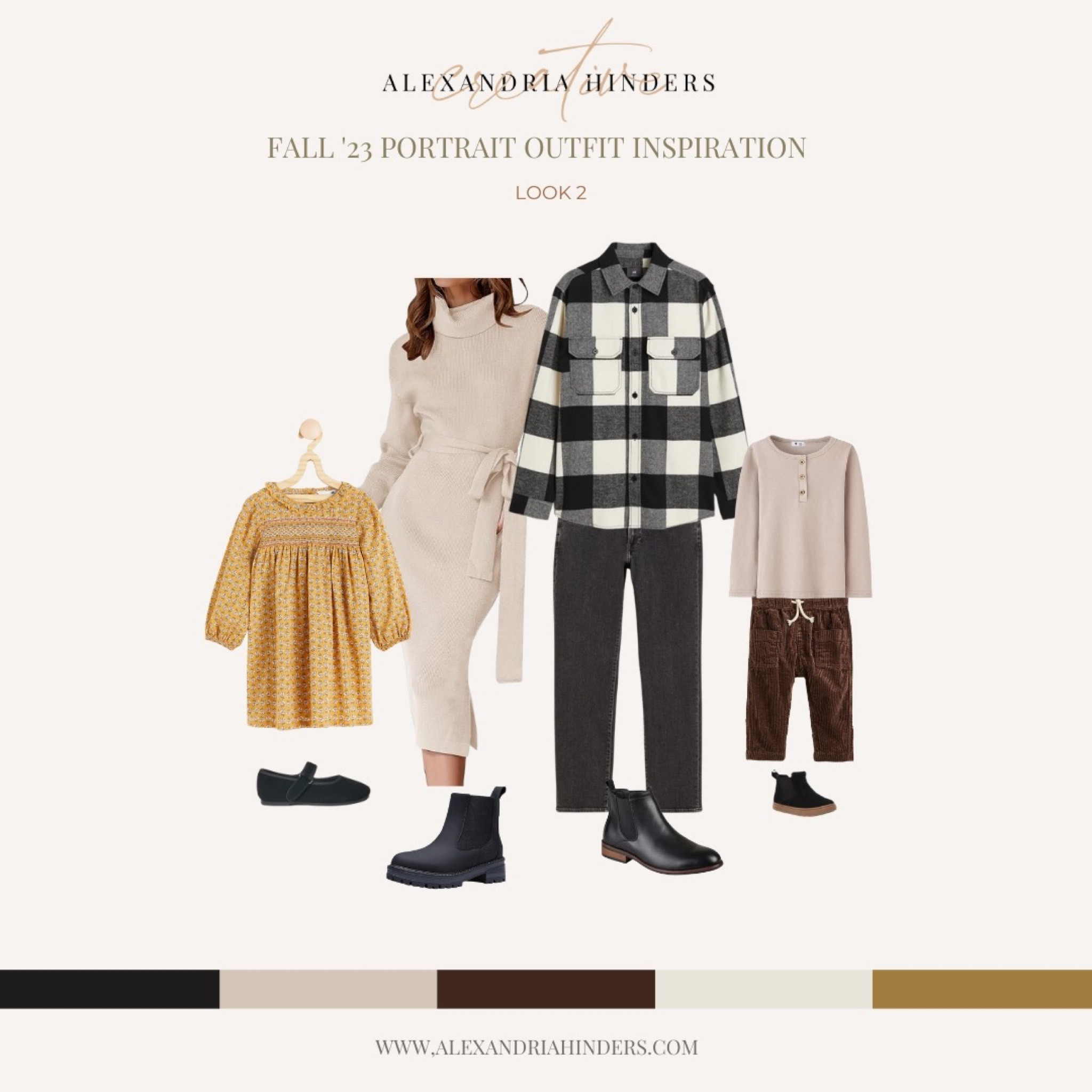 Hey, fellow style-loving parents! Looking for the perfect color palette for your fall family photos? Check out this mix of mustard, rust, black, and cream. I'm totally loving how these rich, warm colors vibe with the autumn season. 🍂 Let's make those fall family photos pop! #FallFashion #FamilyPhotos #AutumnVibes