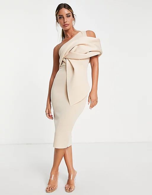 ASOS DESIGN peekaboo shoulder tuck midi pencil dress in frosted almond | ASOS (Global)