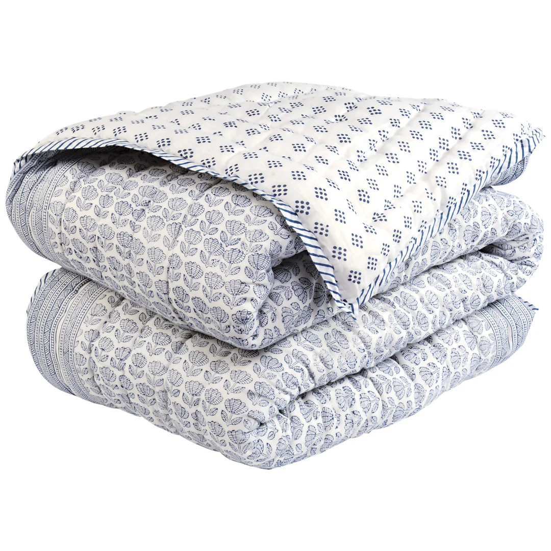 Floral Indian Handmade Block-printed Quilt in Nautical Navy and White Throw, Single, Queen, King ... | Etsy (US)