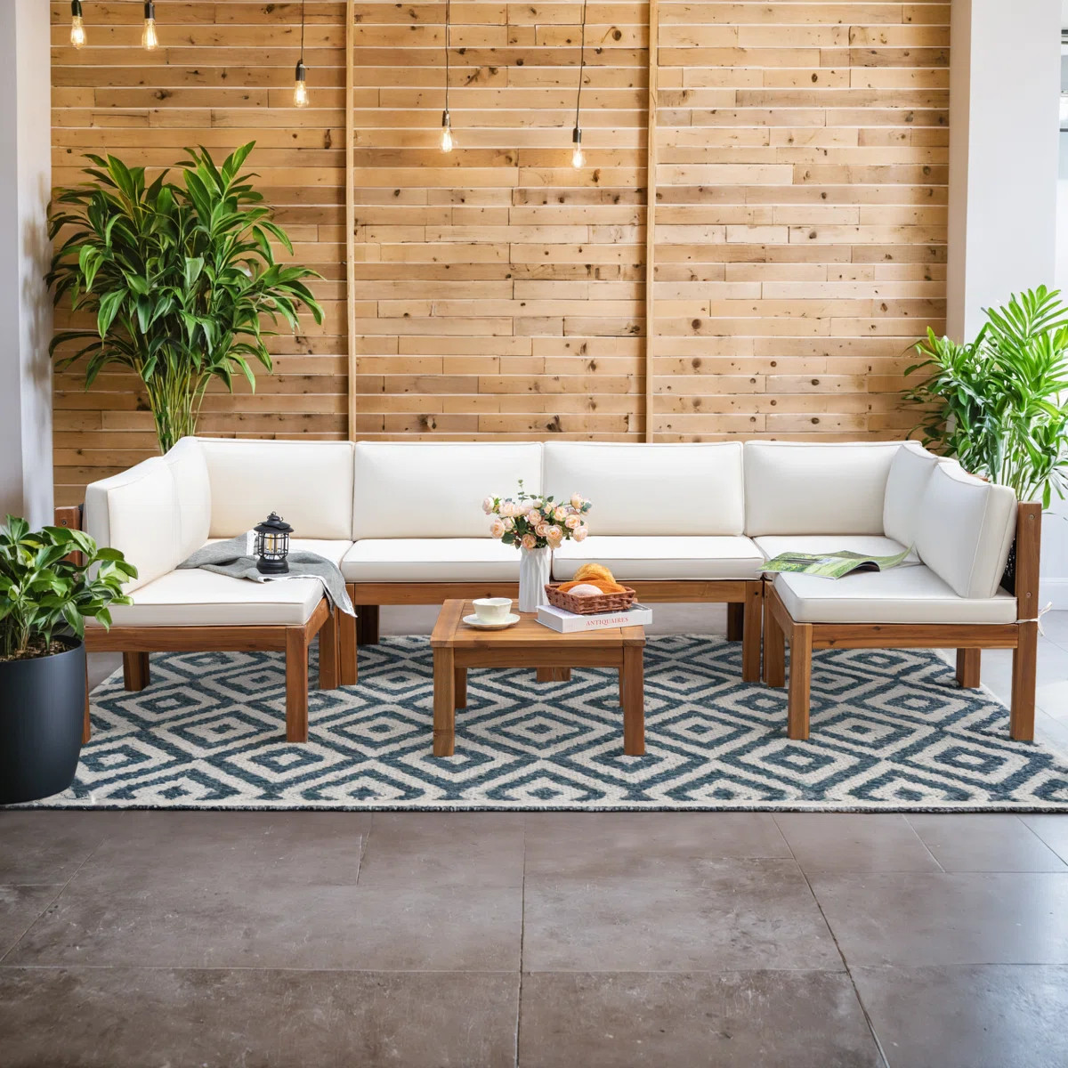 Fiera Modular Acacia Wood Patio Seating Group with Cushions | Wayfair North America