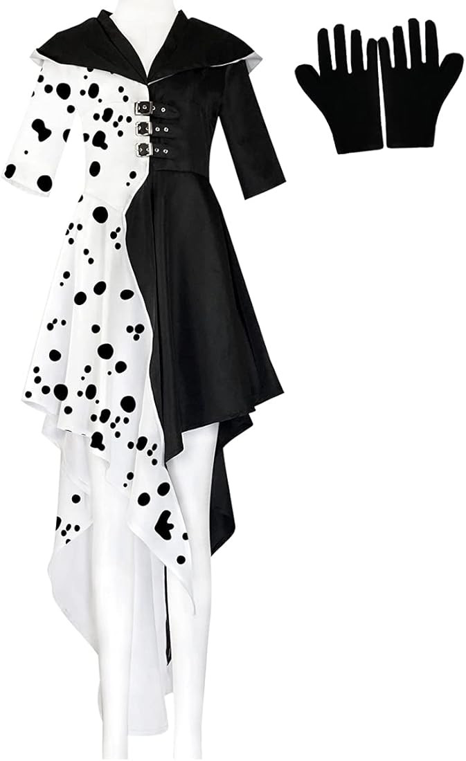 Women Cruella Costume Black White Dress Gloves Halloween Cosplay | Amazon (US)