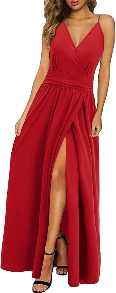Newshows Women Summer 2025 Maxi Dress Vacation Floral Spaghetti Strap Spring Casual Boho Split Be... | Amazon (US)