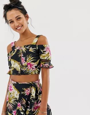 River Island beach crop top with cold shoulder in tropical | ASOS (Global)