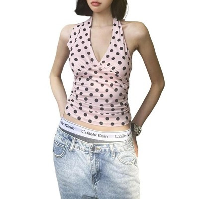 Women's Sexy Black Polka Dot Halter Top, v Neck Backless Fitted Sleeveless Cami for Going Out Pink,S | Target
