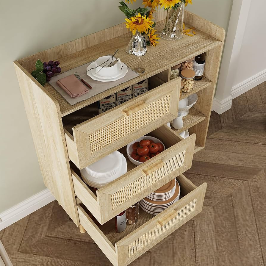 Hiwelldas Rattan Buffet Cabinet with 3 Rattan Drawers Sideboard Storage Cabinet with Adjustable Shel | Amazon (US)