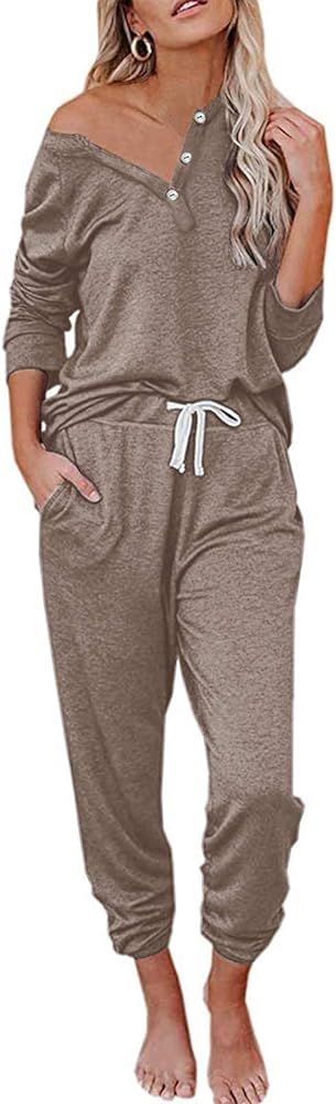 ZESICA Women's Button Up Pajama Sets Long Sleeve Top and Pants Two Piece Sleepwear Sport Outfits ... | Amazon (US)