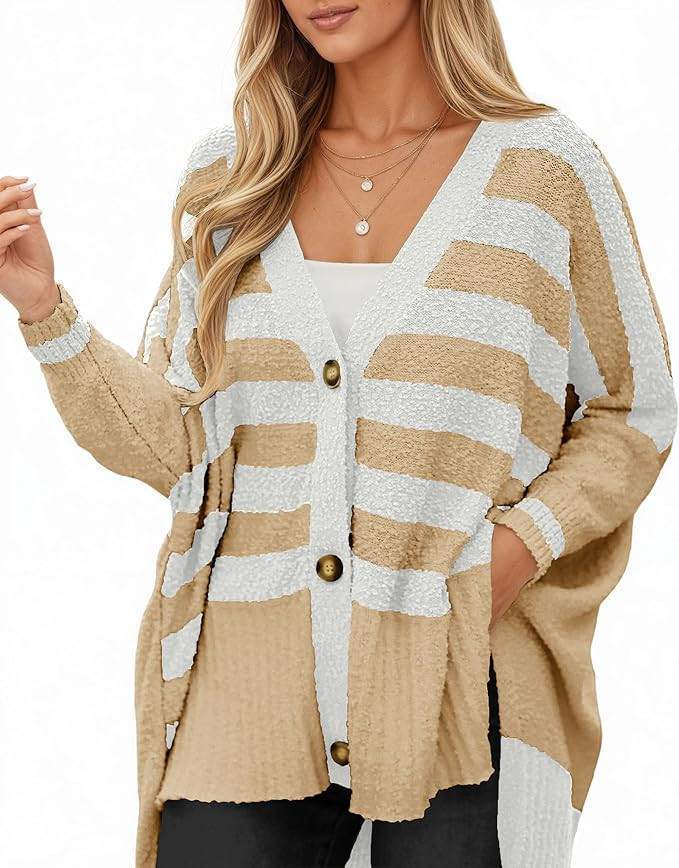 Saodimallsu Womens Oversized Striped Cardigan Sweaters V Neck Fuzzy Knit Button Up Side Slit Fall... | Amazon (US)