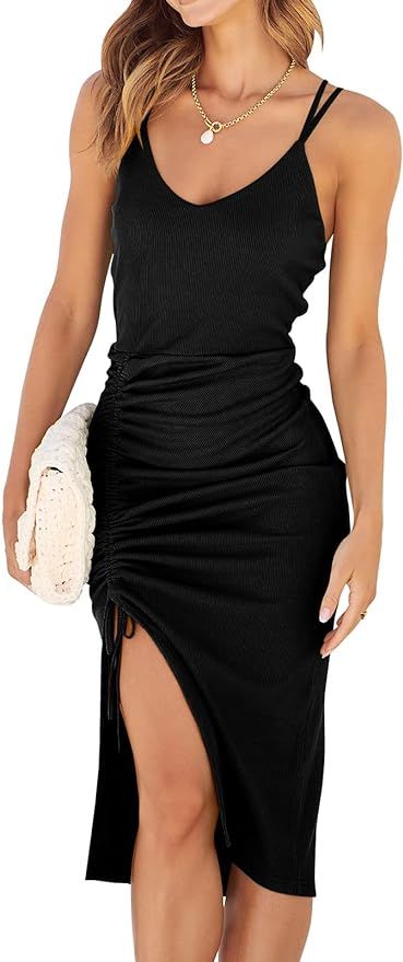 ANRABESS Women’s Summer Spaghetti Strap Scoop Neck Sleeveless Ruched Bodycon Split Party Midi D... | Amazon (US)