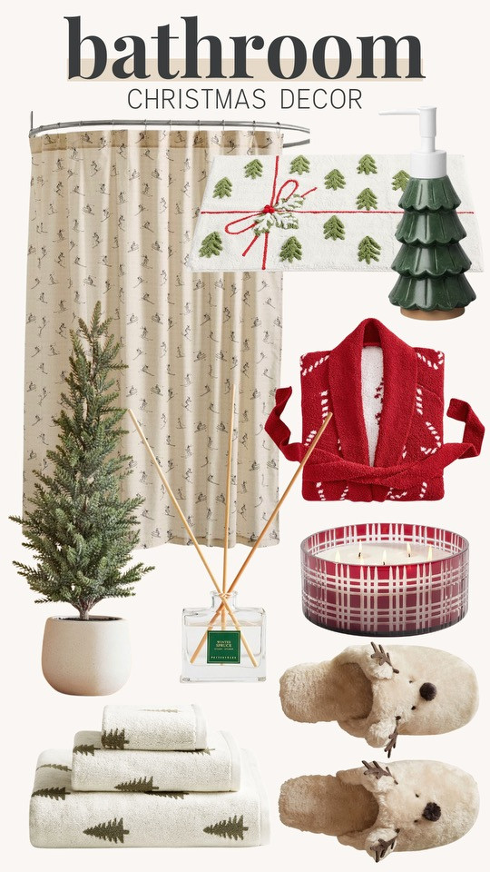 bathroom christmas decor!! 



holiday home, potted christmas tree, robe, candle, towels, mat, soap dispenser, curtain, slippers  

 #LTKHoliday #LTKSeasonal #LTKHome