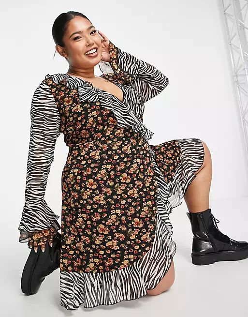 ASOS DESIGN curve wrap front mini dress in mix and match zebra and floral print | ASOS (Global)