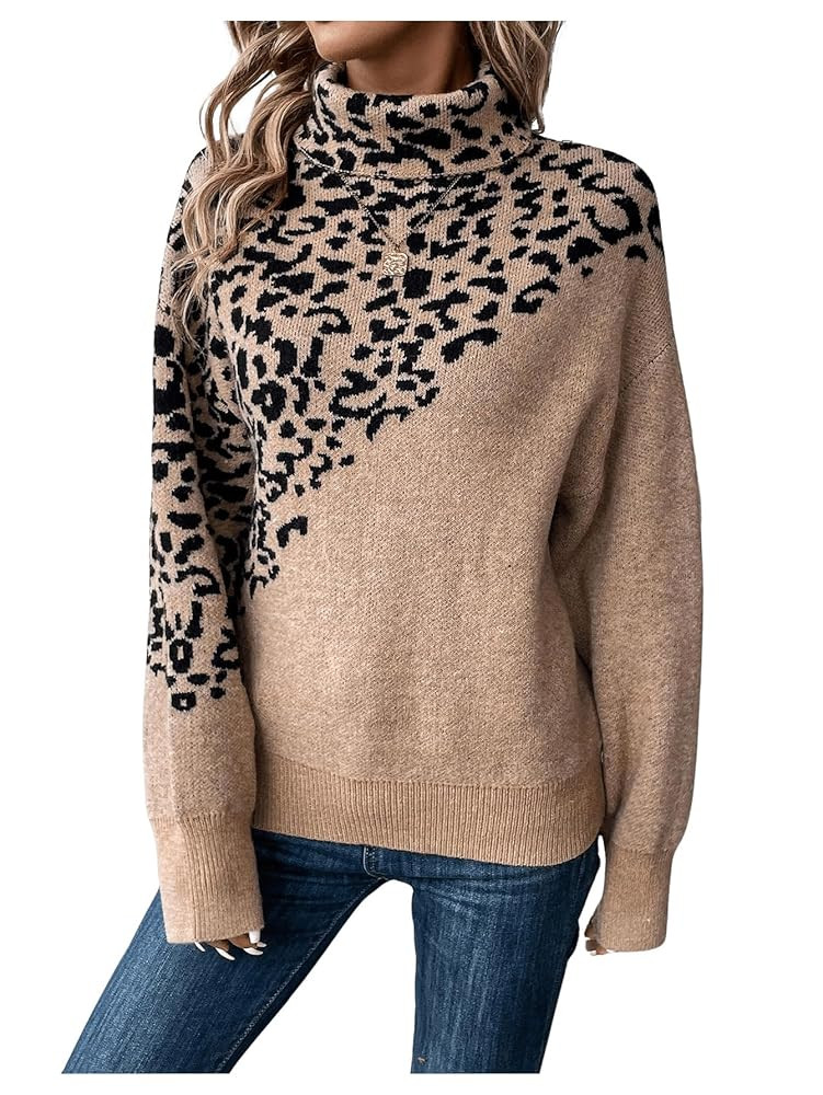 MakeMeChic Women's Turtleneck Sweaters Leopard Print Long Sleeve Drop Shoulder Knit Tops | Amazon (US)