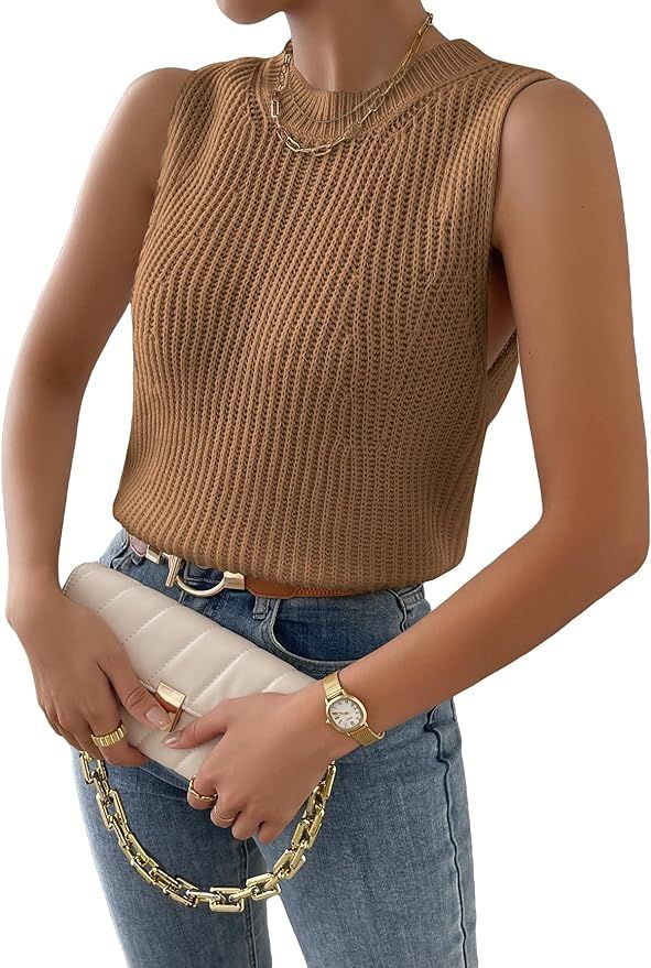 Verdusa Women's Slit Hem Sleeveless Round Neck Knitted Sweater Vest Tank Top | Amazon (US)