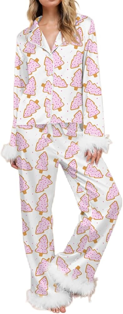 Womens Christmas Pajamas Sets Long Sleeve Button Fur Trim Shirt Matching Pants 2 Piece Lounge Set... | Amazon (US)