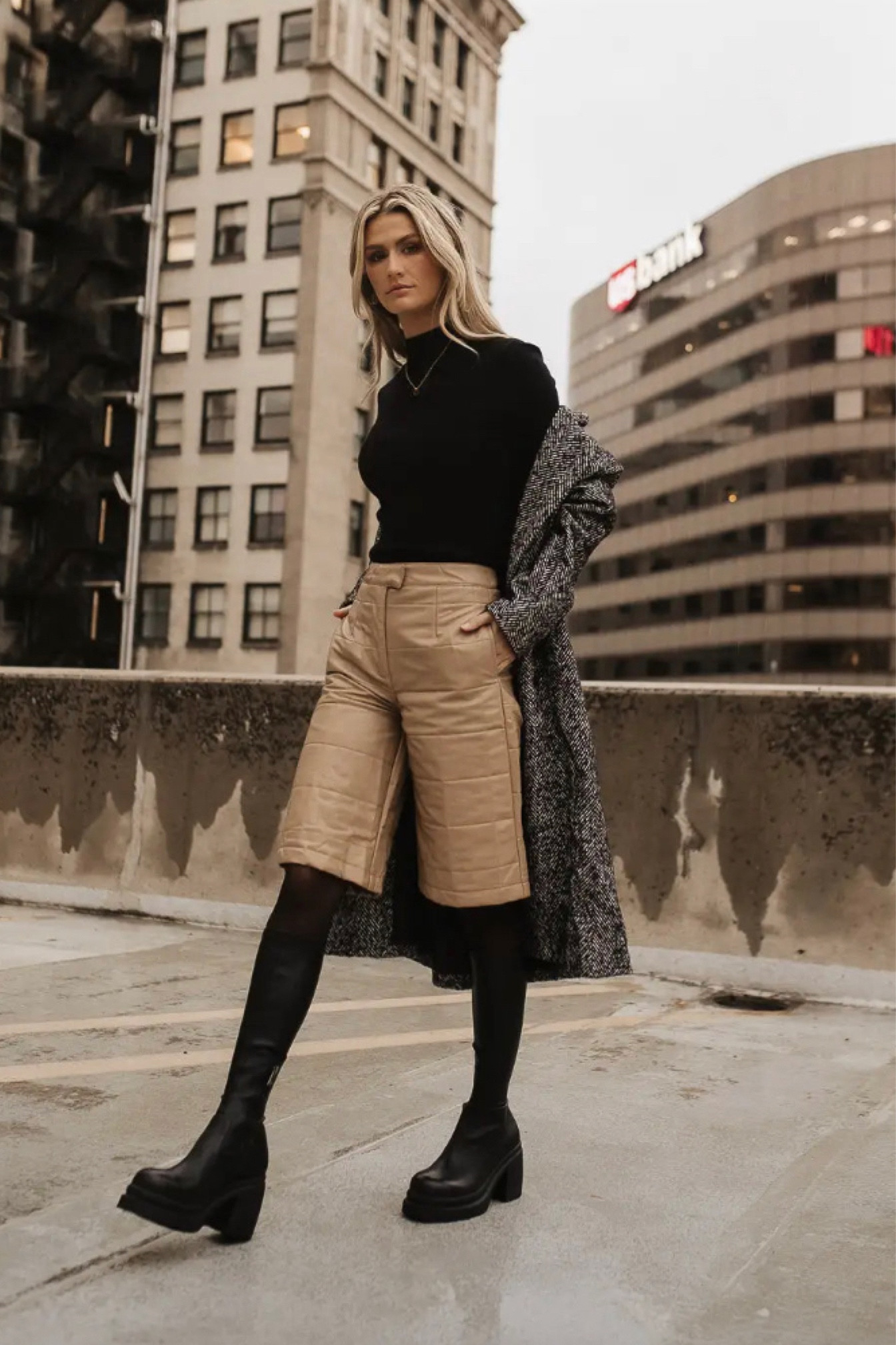 Holiday style 
Vegan leather Bermuda shorts 
Mock neck sweater 
Herringbone Coat
Steve Madden platform boots

#LTKHoliday #LTKstyletip #LTKSeasonal