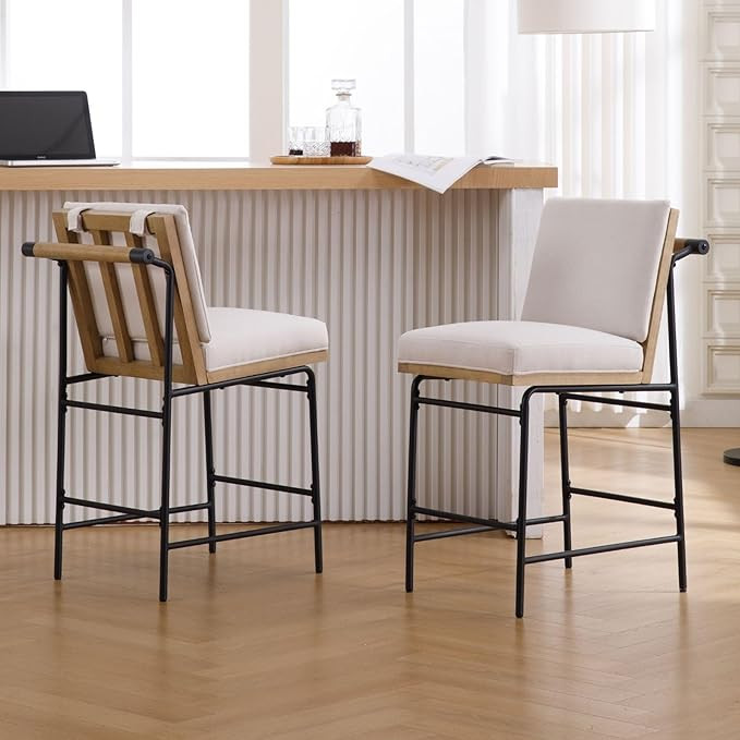 LukeAlon Linen Counter Stools Set of 2, Modern Upholstered 26" Seat Height Bar Stools with Rear H... | Amazon (US)