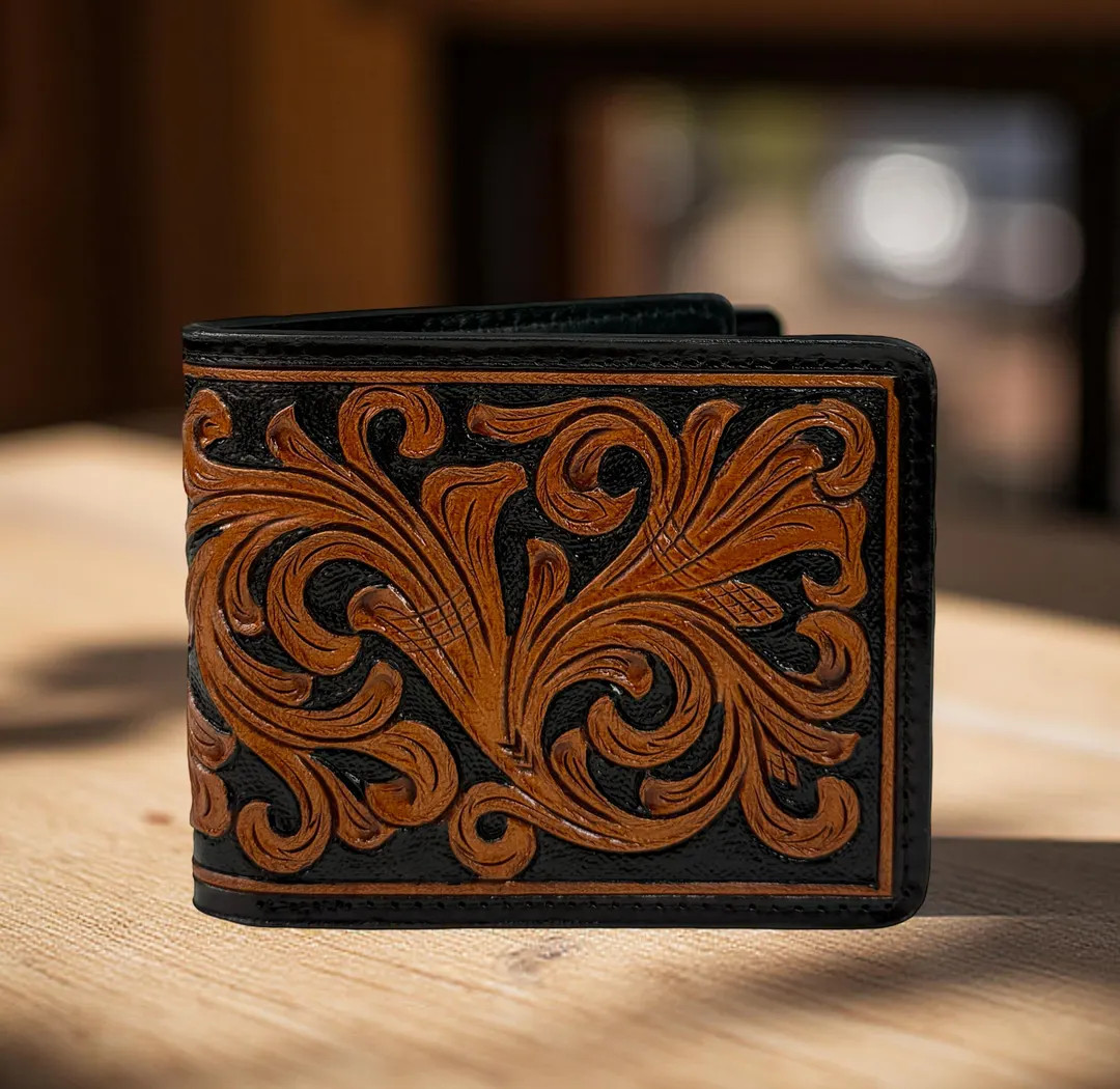 Western Genuine Leather Tooled Floral Men's Women's Wallet Organizer, Full Grain Bifold Tooled Wa... | Etsy (US)
