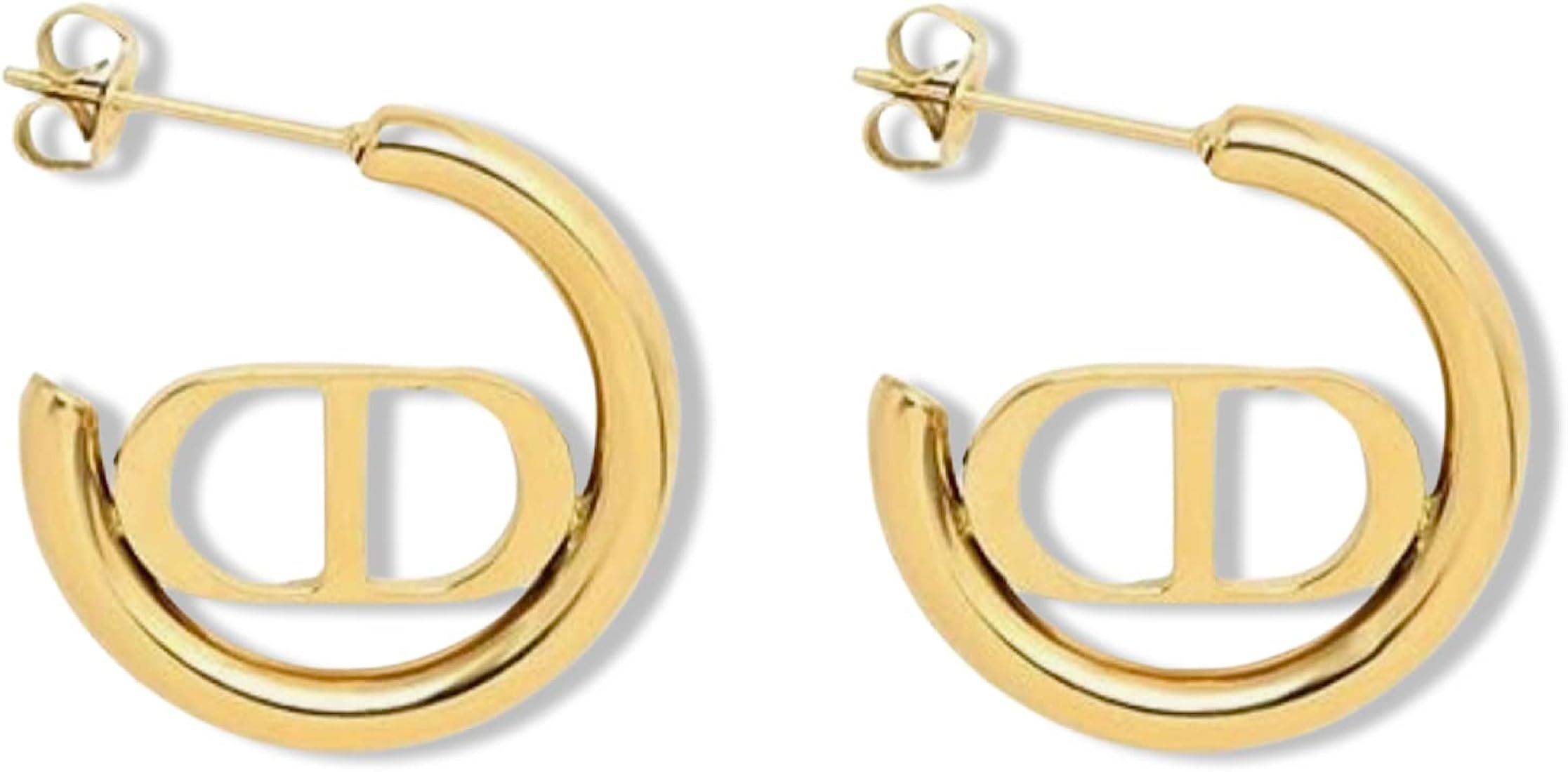 Amazon.com: CD Letter Earrings C Hoop Earrings 18K Gold Hip Hop Retro Dainty Plated CD Logo Earri... | Amazon (US)