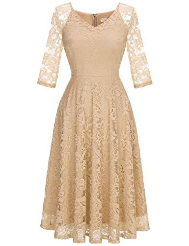 Dressystar Long-Sleeve A-Line Lace Bridesmaid Dress Midi for Wedding Formal Party M Champagne | Amazon (US)