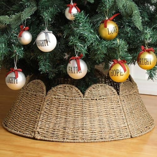 Woven Scallop Christmas Tree Collar Rattan Christmas Tree Ring Farmhouse Natural Woven Rustic Bas... | Amazon (US)
