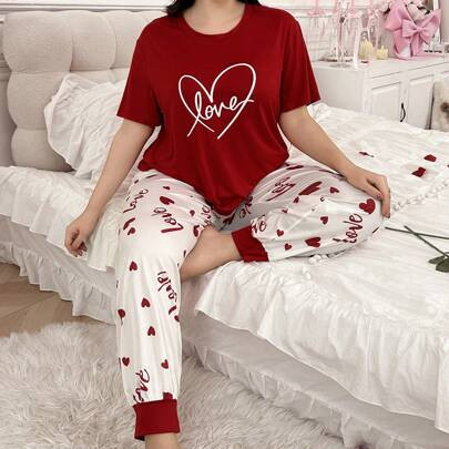 Valentine's Day Heart Print Contrast Color Pajama Set, Pullover Top & Long Pants, Plus Size | SHEIN