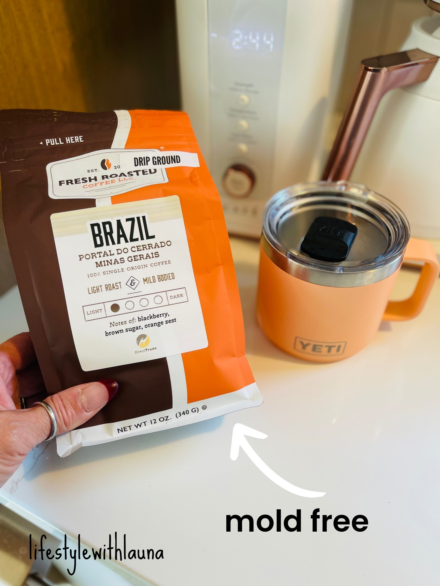 Coffee ! I’ve been searching for a cleaner, mold free organic coffee brand. I love the notes of blackberry & brown sugar. 
 Cafe coffee maker & Yeti mug make for a perfect morning brew !

#LTKHome #LTKTravel